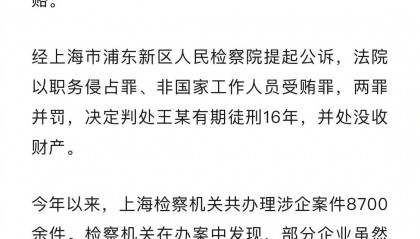 上海一民企高管贪腐近1.6亿获刑16年，没收所有财产