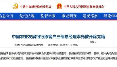 与他人长期保持不正当性关系，中国农业发展银行原客户三部总经理李光被开除党籍