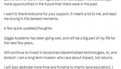 币安创始人赵长鹏获释后首发声，称将进行更多科技投资