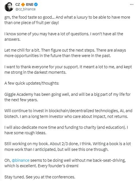 币安创始人赵长鹏获释后首发声,称将进行更多科技投资